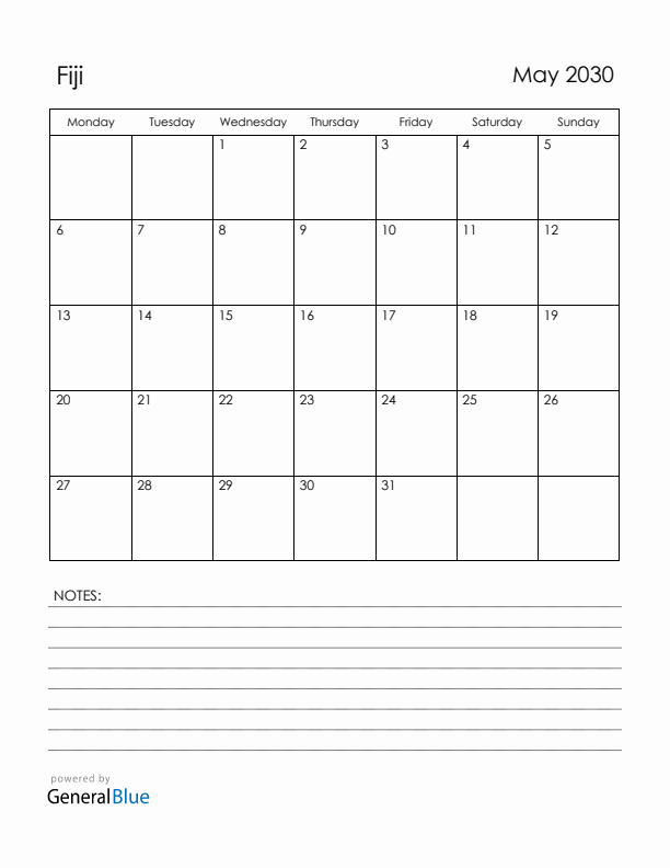 May 2030 Fiji Calendar with Holidays (Monday Start)
