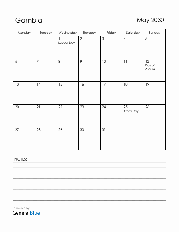 May 2030 Gambia Calendar with Holidays (Monday Start)