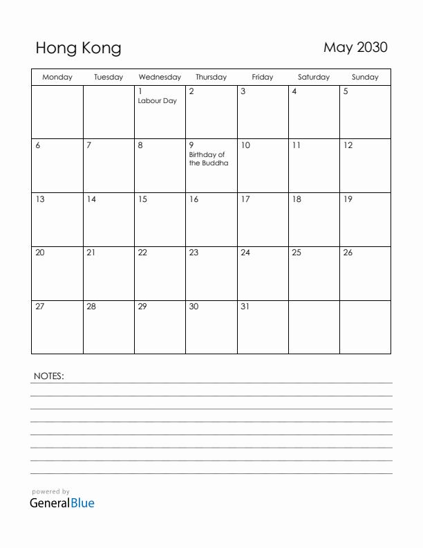 May 2030 Hong Kong Calendar with Holidays (Monday Start)