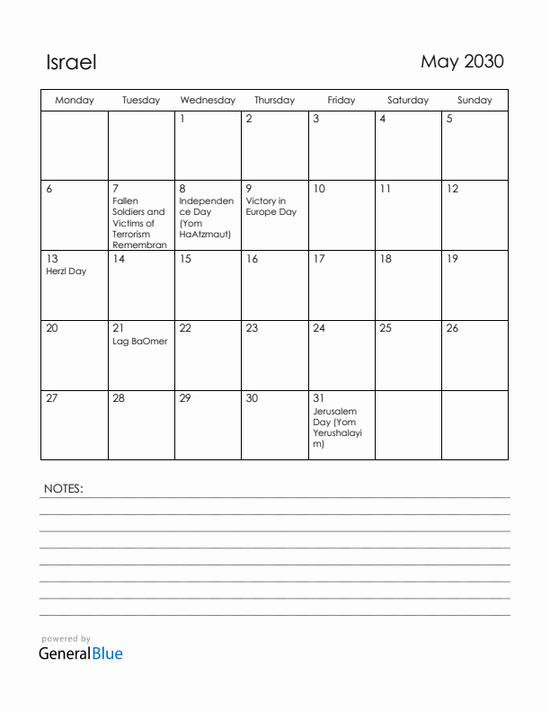 May 2030 Israel Calendar with Holidays (Monday Start)