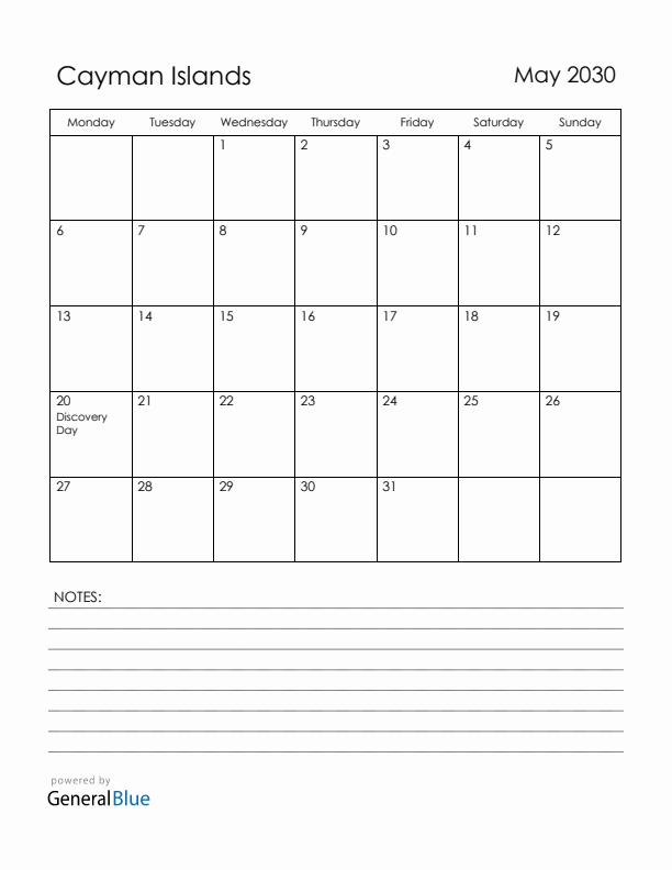 May 2030 Cayman Islands Calendar with Holidays (Monday Start)