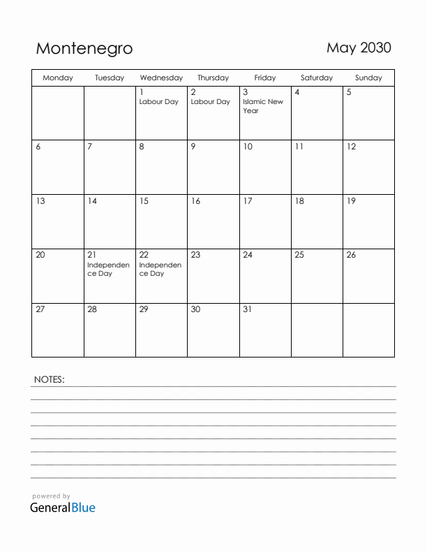 May 2030 Montenegro Calendar with Holidays (Monday Start)