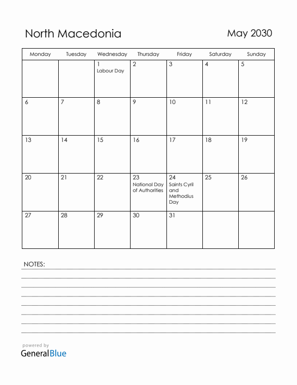 May 2030 North Macedonia Calendar with Holidays (Monday Start)
