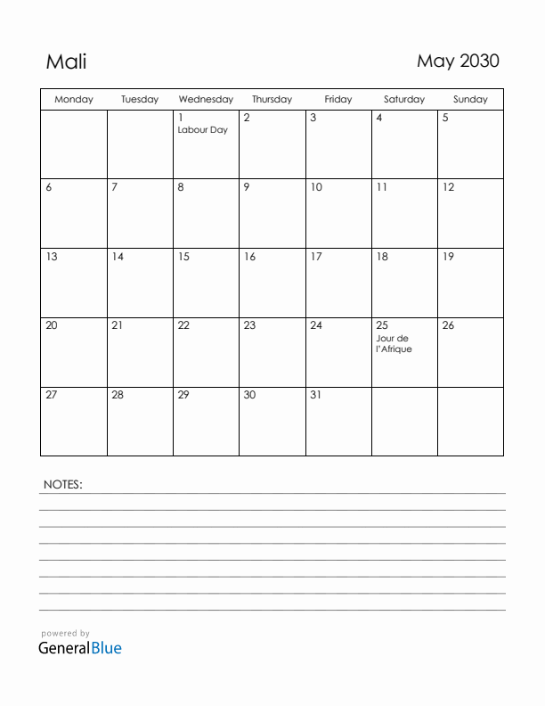 May 2030 Mali Calendar with Holidays (Monday Start)