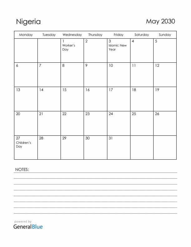 May 2030 Nigeria Calendar with Holidays (Monday Start)