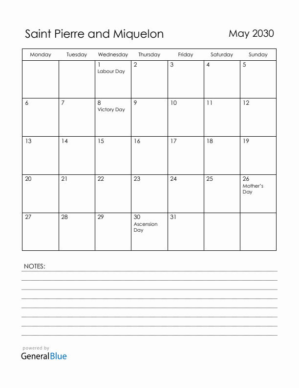 May 2030 Saint Pierre and Miquelon Calendar with Holidays (Monday Start)