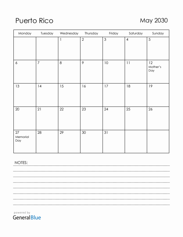 May 2030 Puerto Rico Calendar with Holidays (Monday Start)