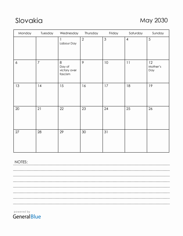 May 2030 Slovakia Calendar with Holidays (Monday Start)