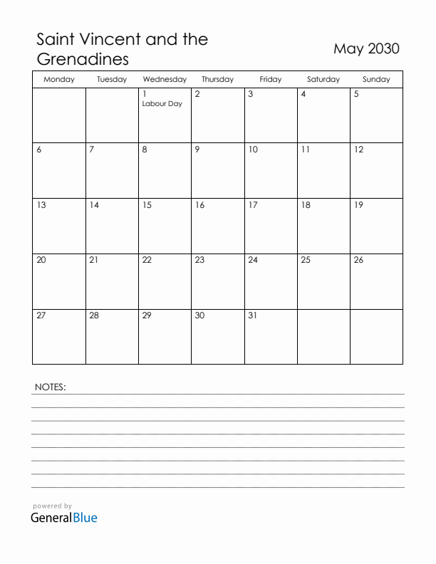 May 2030 Saint Vincent and the Grenadines Calendar with Holidays (Monday Start)