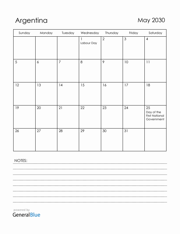 May 2030 Argentina Calendar with Holidays (Sunday Start)