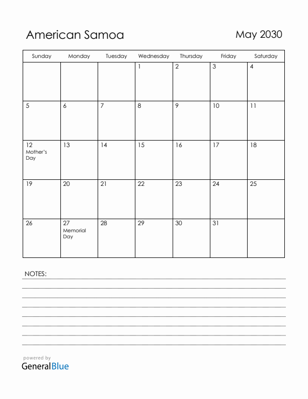 May 2030 American Samoa Calendar with Holidays (Sunday Start)