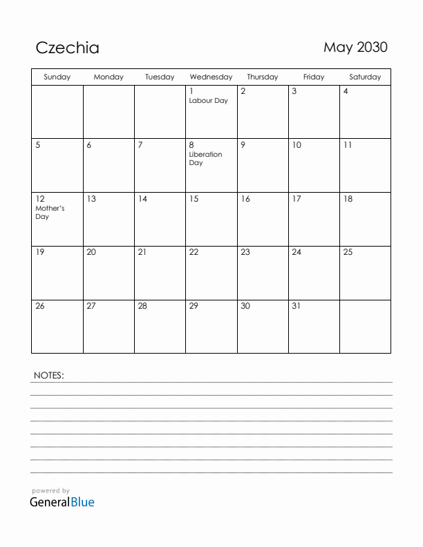May 2030 Czechia Calendar with Holidays (Sunday Start)