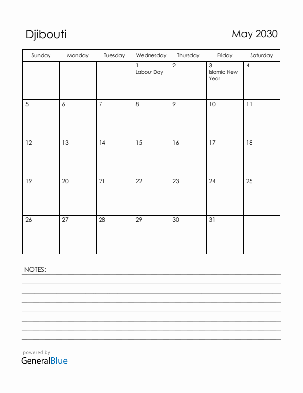 May 2030 Djibouti Calendar with Holidays (Sunday Start)