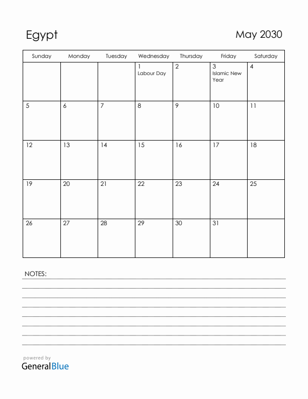 May 2030 Egypt Calendar with Holidays (Sunday Start)
