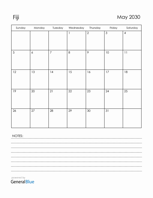May 2030 Fiji Calendar with Holidays (Sunday Start)
