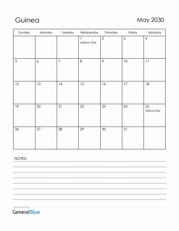 May 2030 Guinea Calendar with Holidays (Sunday Start)