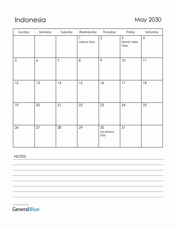 May 2030 Indonesia Calendar with Holidays (Sunday Start)