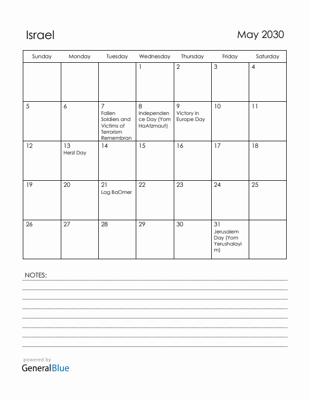 May 2030 Israel Calendar with Holidays (Sunday Start)