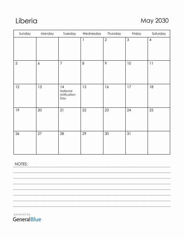 May 2030 Liberia Calendar with Holidays (Sunday Start)