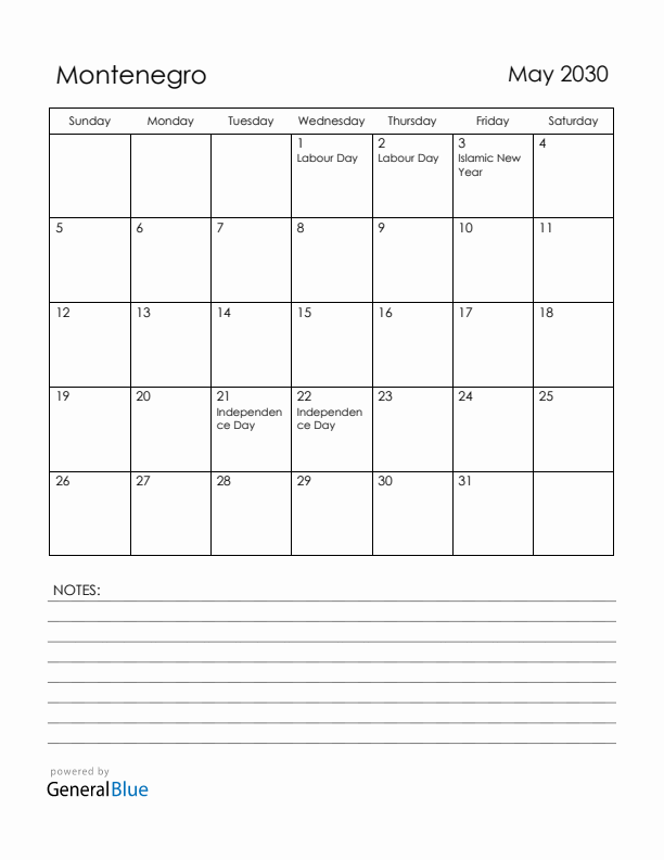 May 2030 Montenegro Calendar with Holidays (Sunday Start)