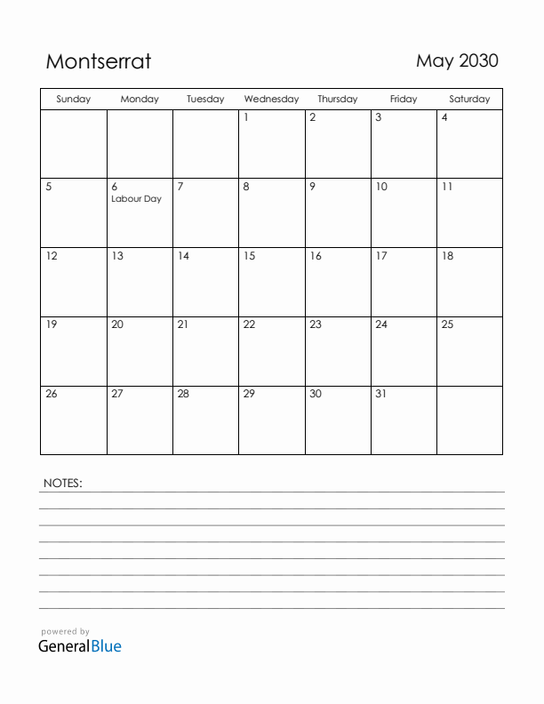 May 2030 Montserrat Calendar with Holidays (Sunday Start)