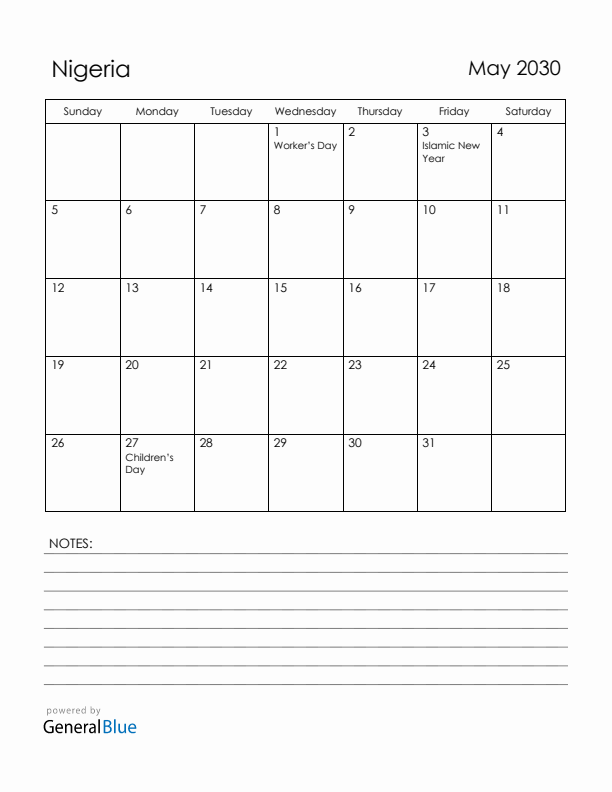 May 2030 Nigeria Calendar with Holidays (Sunday Start)