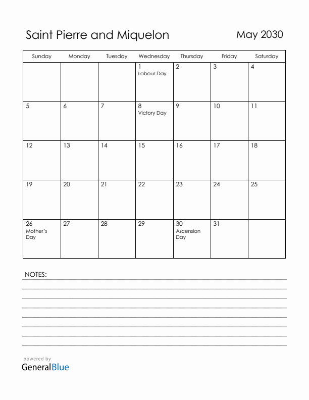 May 2030 Saint Pierre and Miquelon Calendar with Holidays (Sunday Start)
