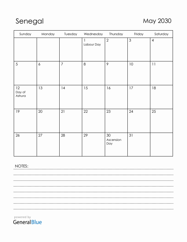 May 2030 Senegal Calendar with Holidays (Sunday Start)