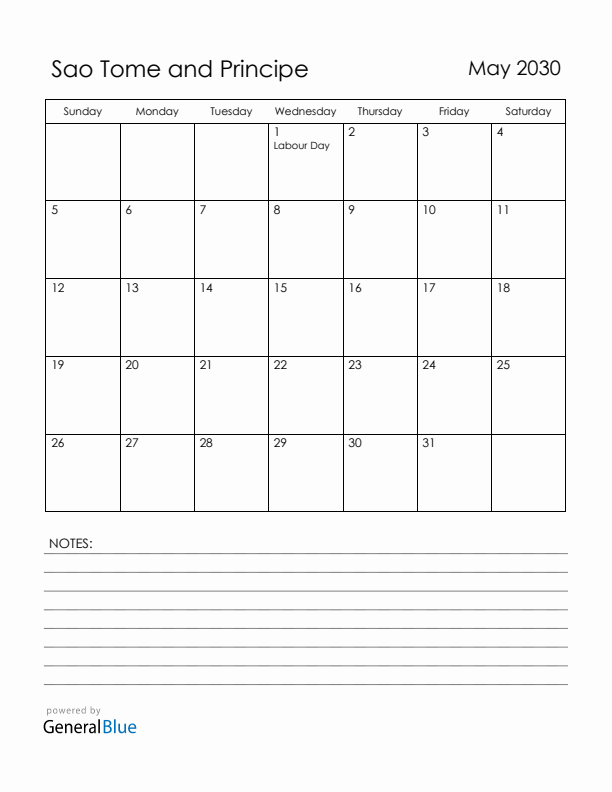 May 2030 Sao Tome and Principe Calendar with Holidays (Sunday Start)