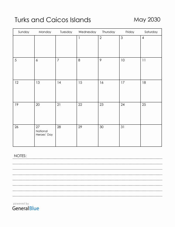 May 2030 Turks and Caicos Islands Calendar with Holidays (Sunday Start)