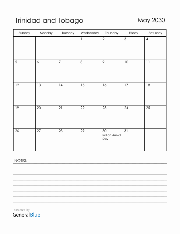 May 2030 Trinidad and Tobago Calendar with Holidays (Sunday Start)