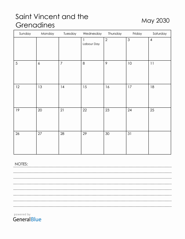 May 2030 Saint Vincent and the Grenadines Calendar with Holidays (Sunday Start)