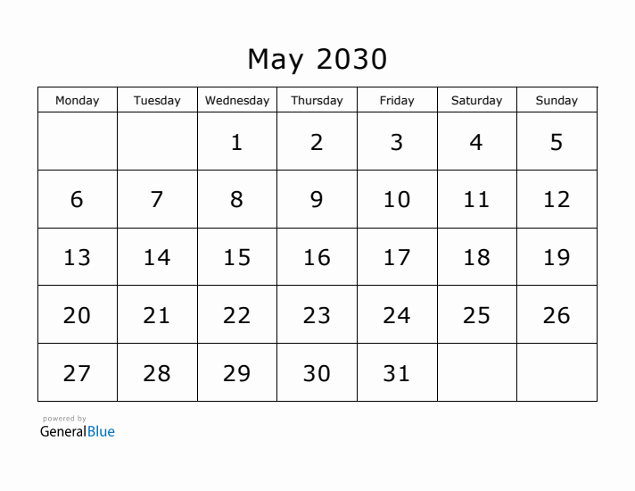 Printable May 2030 Calendar - Monday Start