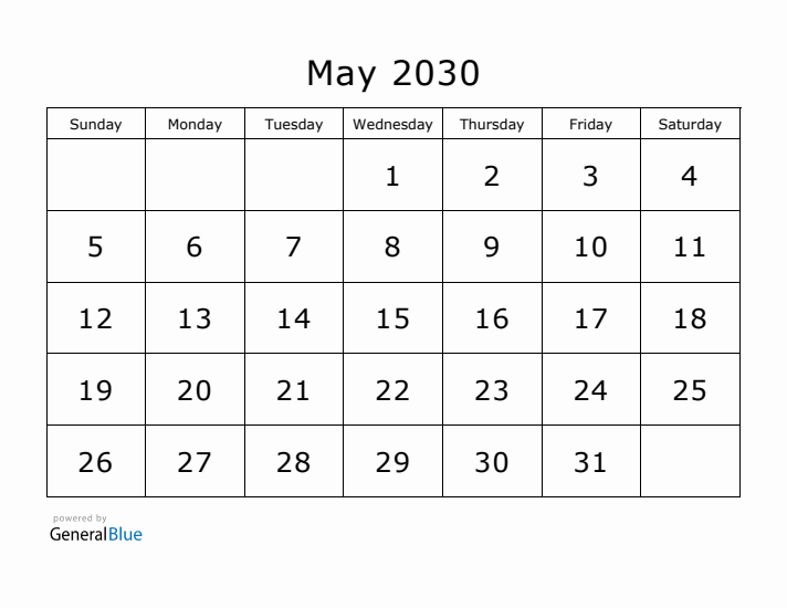 Printable May 2030 Calendar - Sunday Start
