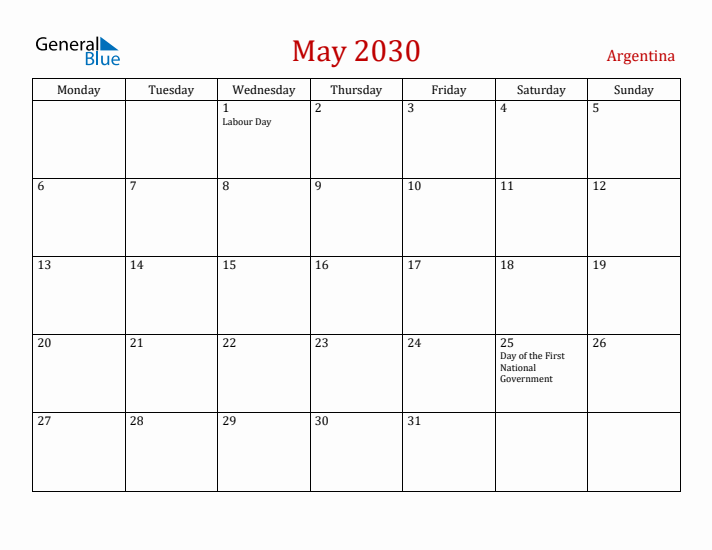 Argentina May 2030 Calendar - Monday Start