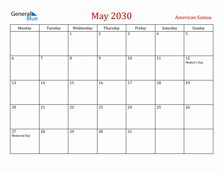 American Samoa May 2030 Calendar - Monday Start