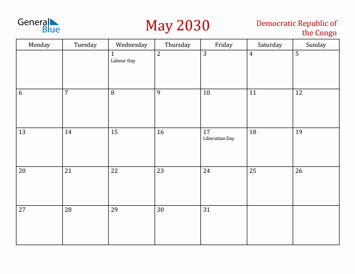 Democratic Republic of the Congo May 2030 Calendar - Monday Start
