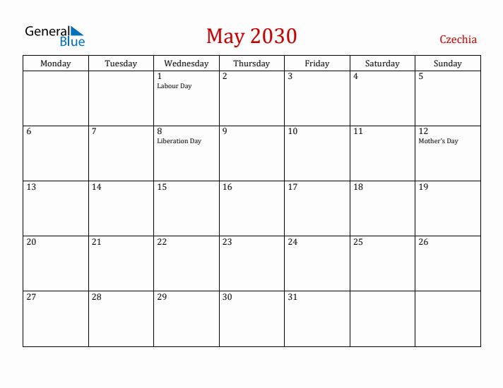 Czechia May 2030 Calendar - Monday Start