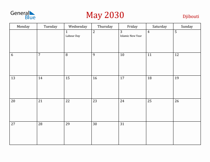 Djibouti May 2030 Calendar - Monday Start