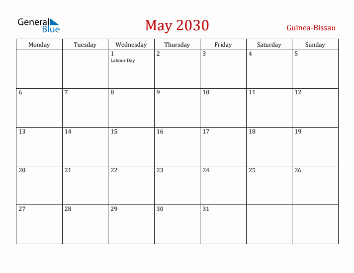 Guinea-Bissau May 2030 Calendar - Monday Start