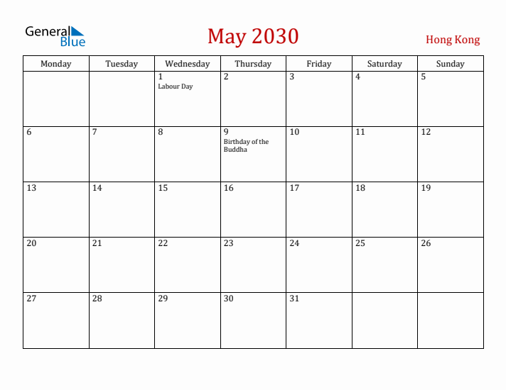 Hong Kong May 2030 Calendar - Monday Start