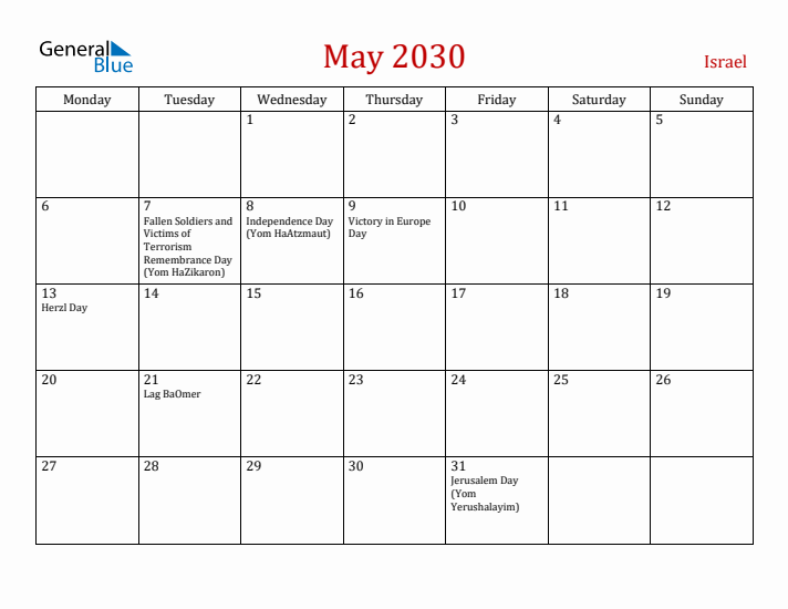 Israel May 2030 Calendar - Monday Start
