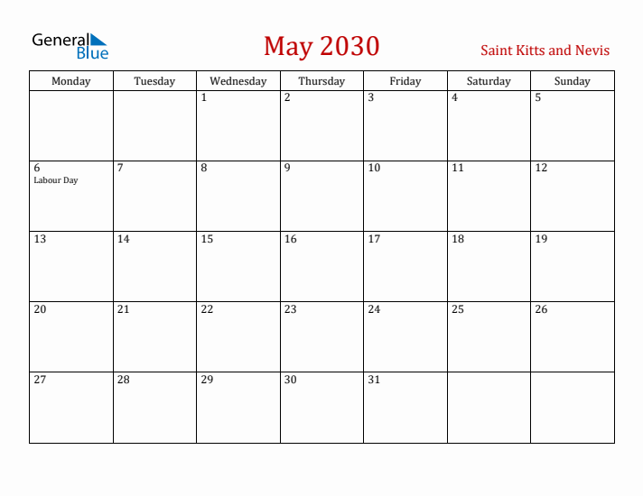 Saint Kitts and Nevis May 2030 Calendar - Monday Start