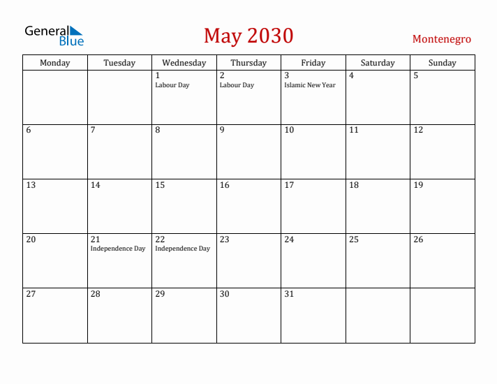 Montenegro May 2030 Calendar - Monday Start
