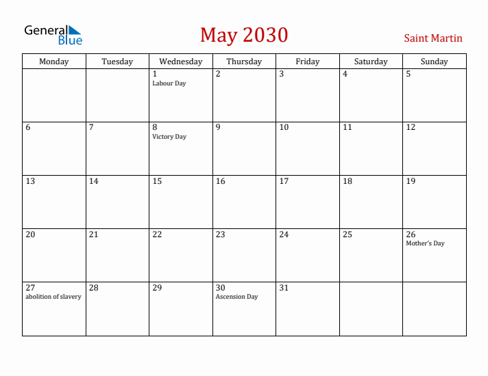 Saint Martin May 2030 Calendar - Monday Start