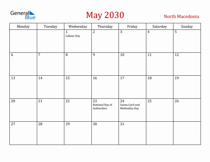 North Macedonia May 2030 Calendar - Monday Start