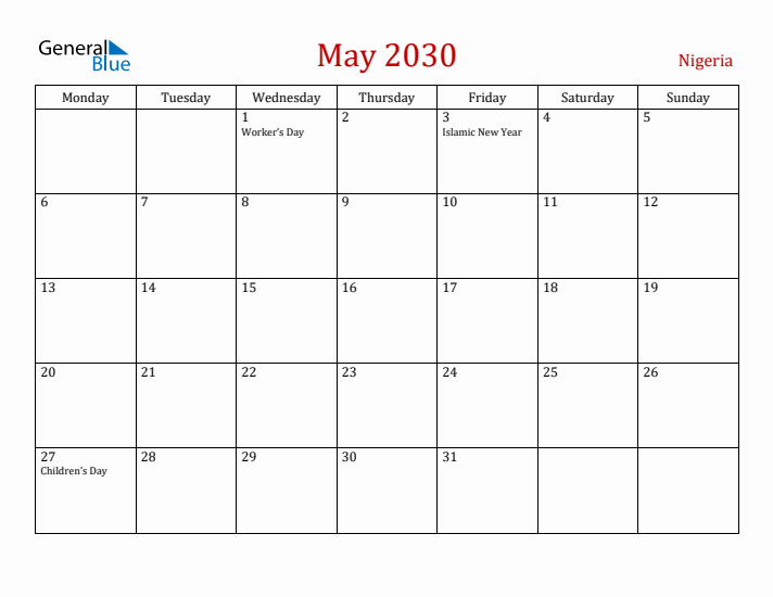 Nigeria May 2030 Calendar - Monday Start
