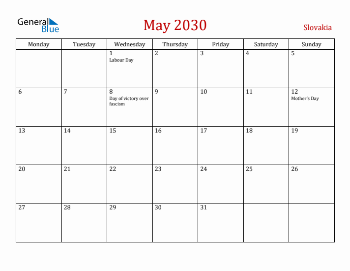 Slovakia May 2030 Calendar - Monday Start