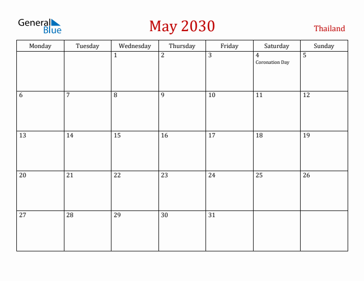 Thailand May 2030 Calendar - Monday Start