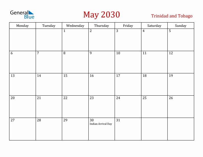 Trinidad and Tobago May 2030 Calendar - Monday Start